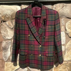 Marks & Spencer Blazer Plaid Wool Gold Buttons Double Breasted 12 Vintage